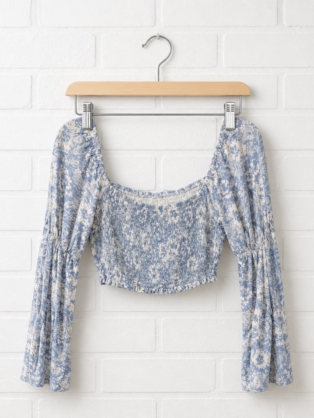 Sage Blue and Cream Floral Smocked Crop Top